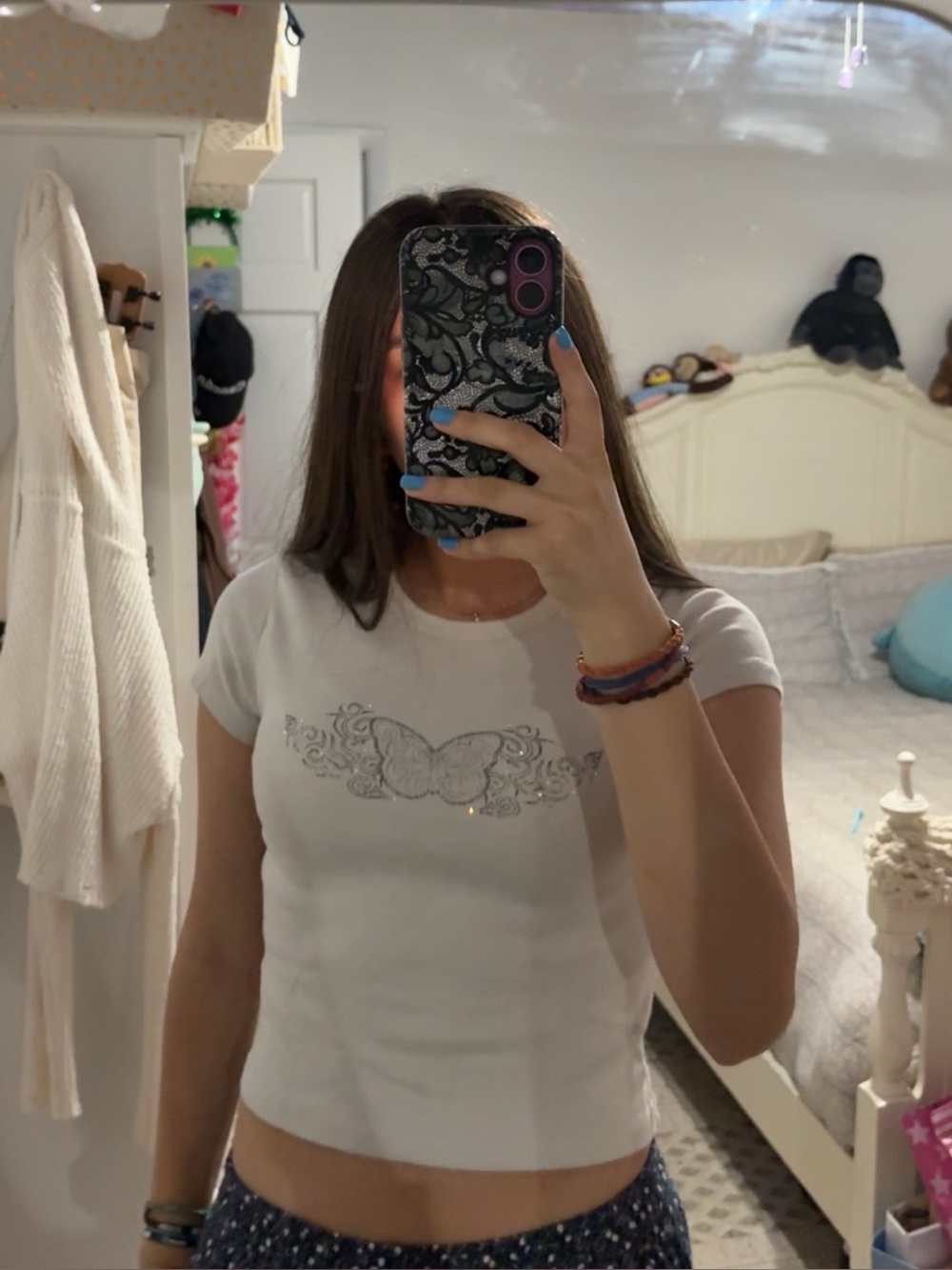 Garage White Short Sleeve Top with Silver Butterfly